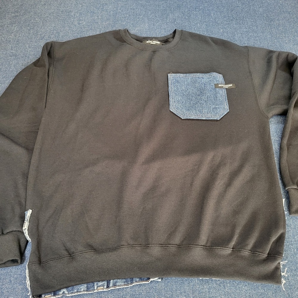 Skull House Designs Custom Upcycled Denim Patchwork Sweatshirt Black Mens XL